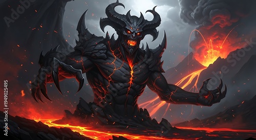 Demonic figure emerging from lava with fiery background