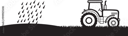 Tractor in the rain on a grassy hill side