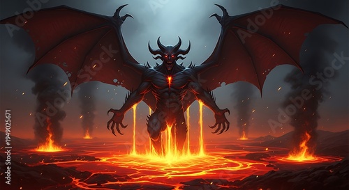 Terrifying demon with large wings rising from lava, suitable for halloween designs or fantasy concepts. Perfect for dark fantasy projects.