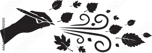 Hand holding pencil drawing leaves blowing in the wind