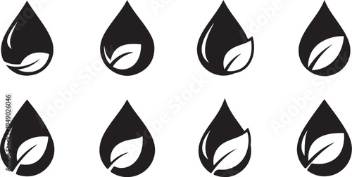 Black and white leaf water drop icons on white