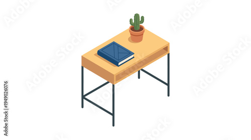 Wooden desk with blue book.