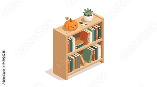 Isometric wooden bookshelf with colorful books.