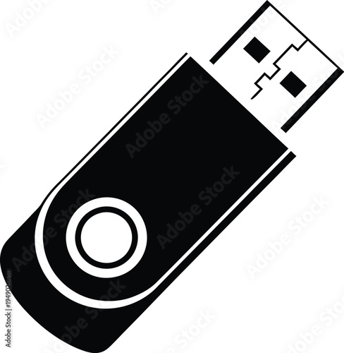 A black and white graphic illustration featuring a modern portable usb flash drive storage device