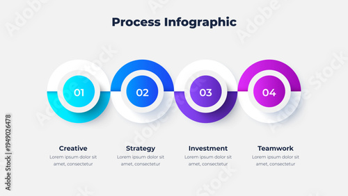 4 step horizontal process infographic diagram with connected circular nodes forming linear workflow sequence