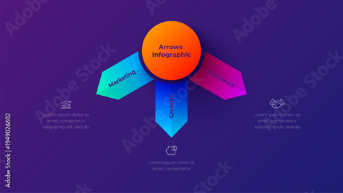 3 step radial arrow infographic diagram with central circular hub and three branching directional segments