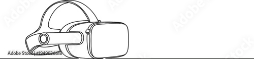 A continuous single line drawing of a virtual reality headset resting on a flat horizontal surface