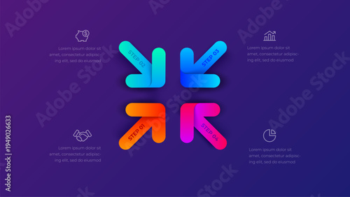 4 step directional arrow infographic diagram with four rounded arrows pointing outward from central layout