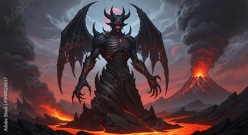 Epic dark demon standing amidst a volcanic landscape with fiery lava and smoke spewing from a volcano