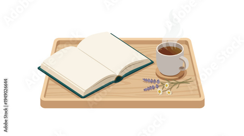 Wooden tray with book and coffee.