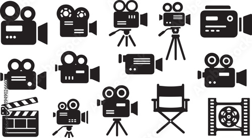 Film and cinema equipment icons on white background set