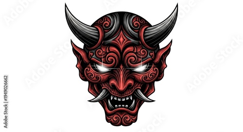 Intricate Red Demonic Mask Illustration, Symbolizing Power, Mystery, and Ancient Folklore with Ornate Details, Sharp Horns, Menacing Fangs, and Piercing Glowing Eyes