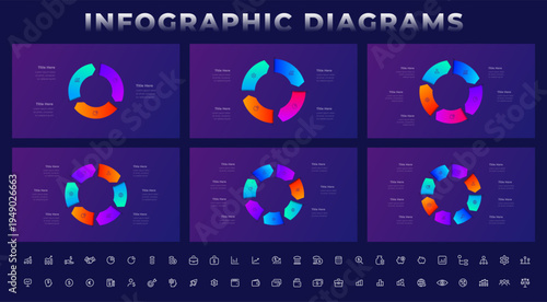 Circular process infographic diagrams set with 3 to 8 step radial workflow layouts