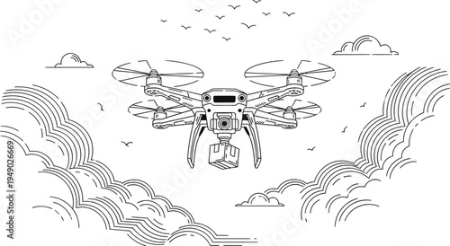 A minimalist line art illustration of a delivery drone flying through clouds with birds in the sky