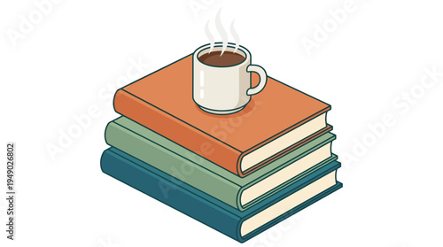 Stack of books with coffee cup.