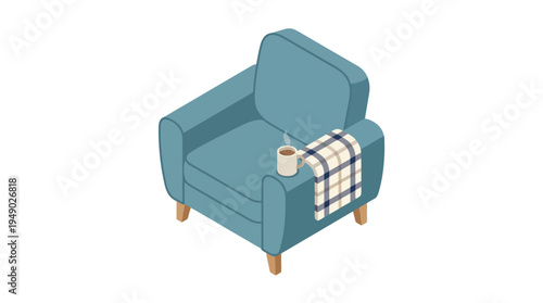 Blue armchair with throw blanket.