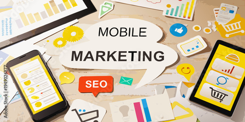 Mobile marketing concept with devices charts and related icons displayed