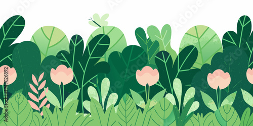 A vibrant stylized illustration of lush green foliage and pink flowers