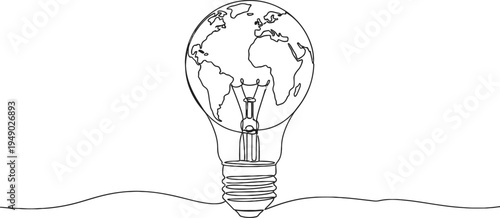 A single continuous line drawing of a light bulb shaped like the earth representing global energy