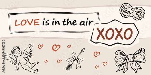 Romantic doodles and lettering celebrate love with hearts and cupid s arrow