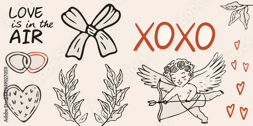 Romantic illustration featuring cupid hearts and love themed lettering