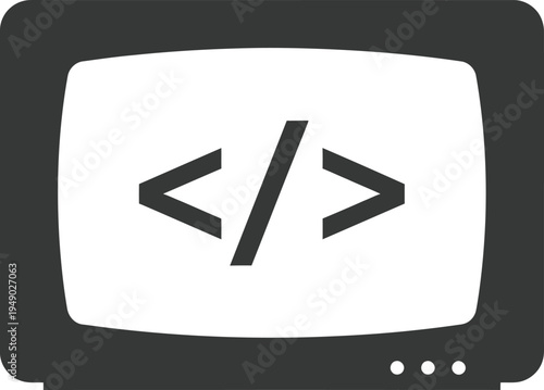 A minimalist graphic illustration of a retro television set displaying a coding symbol on screen