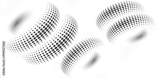 Dotted halftone waves. Twisted wavy line with dotted point texture and halftone gradient wave flow. Vector set.