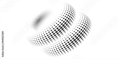 Dotted halftone waves. Twisted wavy line with dotted point texture and halftone gradient wave flow. Vector set.