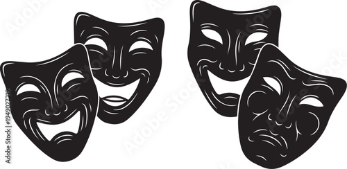 Theatrical Comedy and Tragedy Masks in Black and White