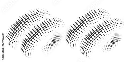 Dotted halftone waves. Twisted wavy line with dotted point texture and halftone gradient wave flow. Vector set.