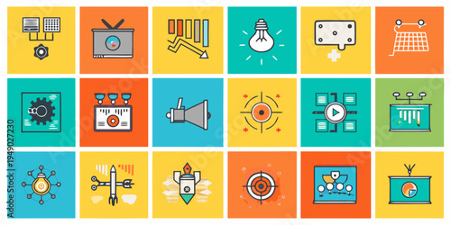 Colorful grid of flat design icons representing technology and innovation