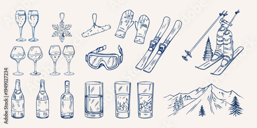 Winter holiday themed sketch featuring champagne skis and mountain scenery