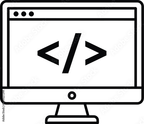A black and white line art icon of a computer monitor displaying a central coding bracket symbol