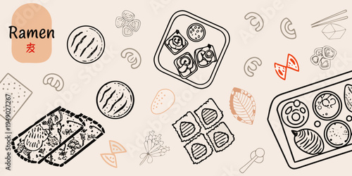 Stylized illustration of ramen dumplings and sushi with decorative elements