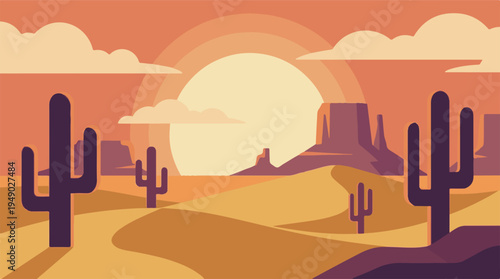 Minimalist desert landscape with saguaro cacti and mesas at sunset