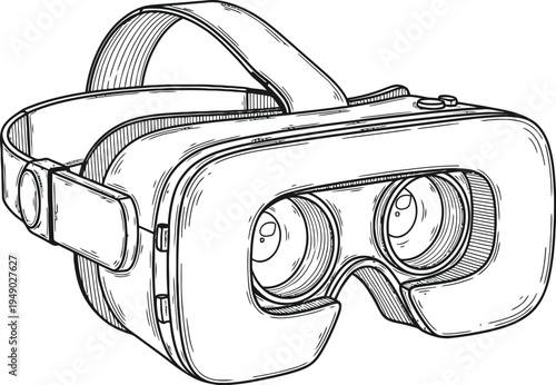 A detailed black and white line art illustration of a modern virtual reality headset device