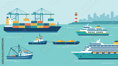 Flat design illustration of various ships and maritime transport at a port