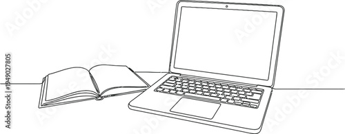 A single continuous line drawing of a laptop computer placed next to an open book on a clean desk
