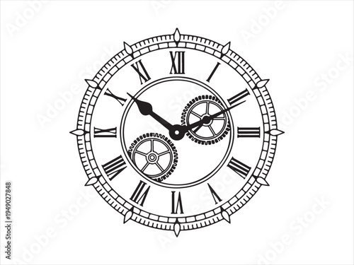 Vintage Clock Mechanism with Gears, Time Concept Line Art Vector Illustration