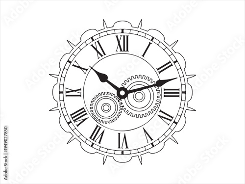 Vintage Clock Mechanism with Gears, Time Concept Line Art Vector Illustration