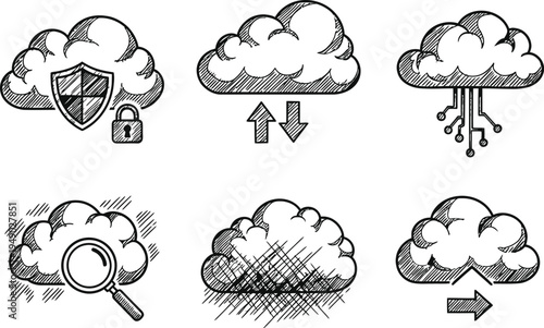 A collection of hand drawn cloud computing icons representing various digital technology concepts