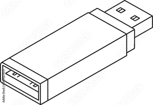 A simple black and white line art drawing of a portable usb flash drive storage device isolated