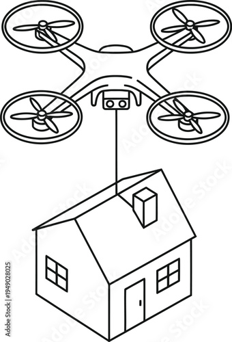 A simple outline illustration of a quadcopter drone carrying a small suburban house by a cable