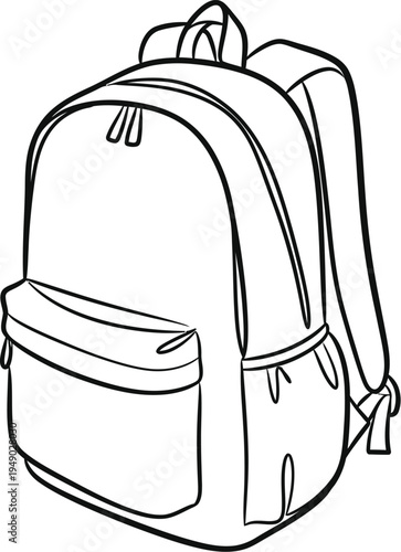 A simple black and white line art drawing of a classic school backpack with two side pockets