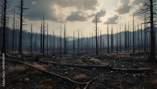 barren landscape with burnt trees.