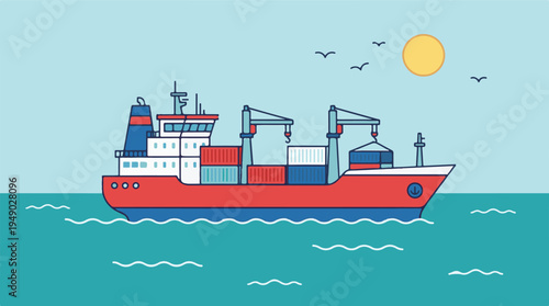 Flat design illustration of a large container cargo ship sailing on the ocean