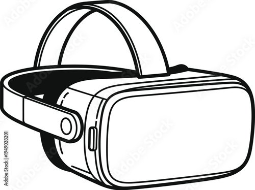 A minimalist black and white line art illustration of a modern virtual reality headset device