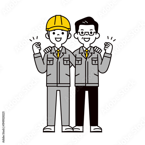 チームで仕事に取り組む、現場監督と社長・経営者・工場長のシンプルな全身ベクターイラスト素材