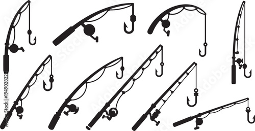 Fishing hooks and lines in various positions and angles