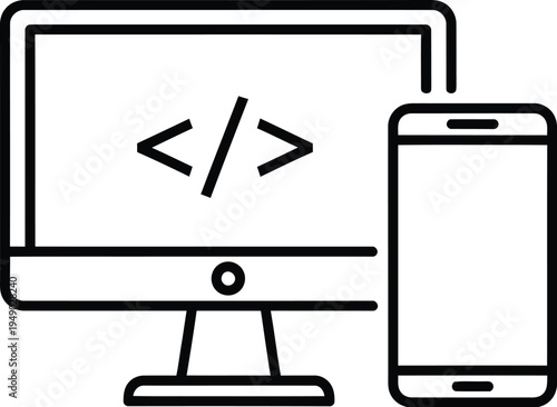 A black and white line art icon representing computer programming and mobile responsive design